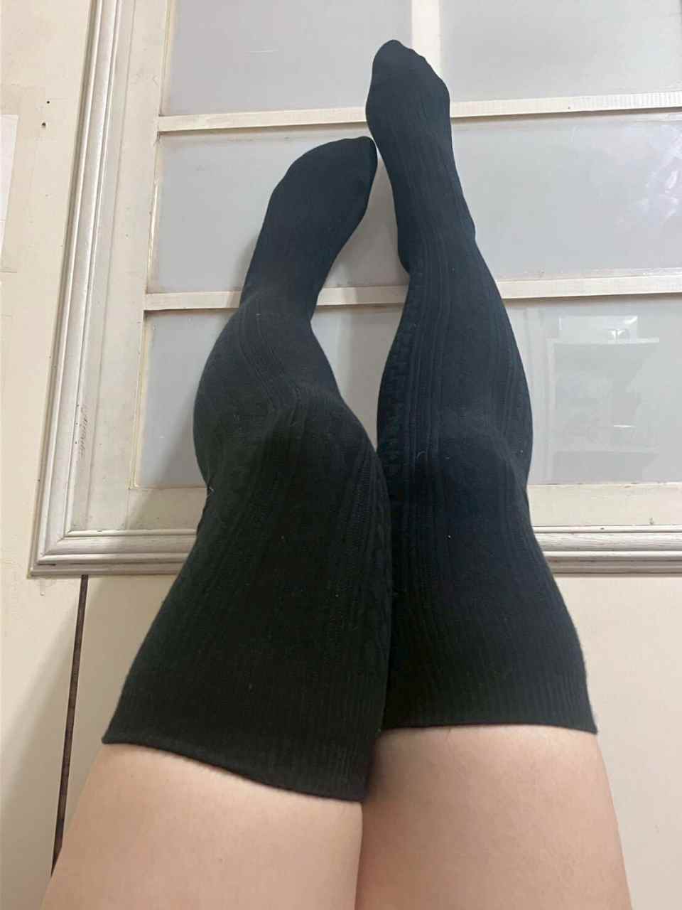 Mowe - Worn Socks Black Braided Cotton Stocking Overknee Socks