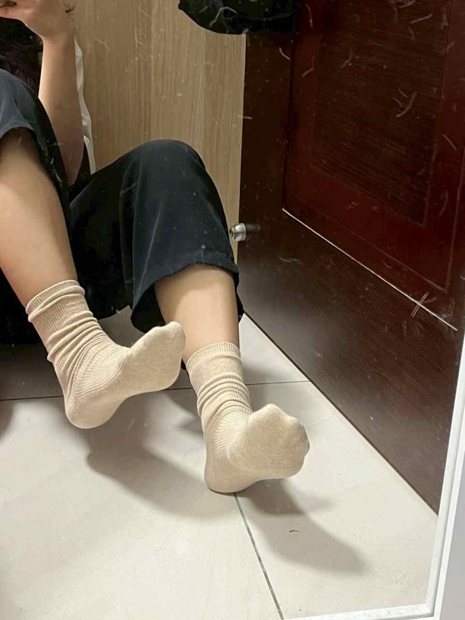 暮然 － 原味襪子 日式直條紋 卡其色中筒襪